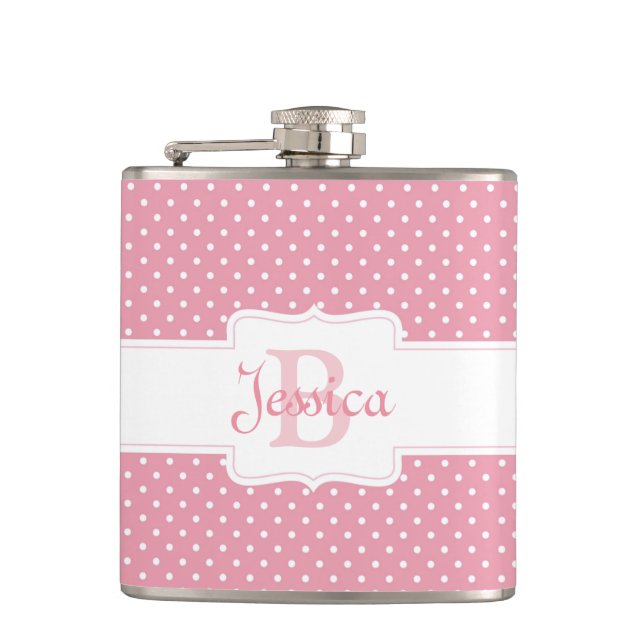 Personalised Pink Polka Dot Hip Flask (Front)