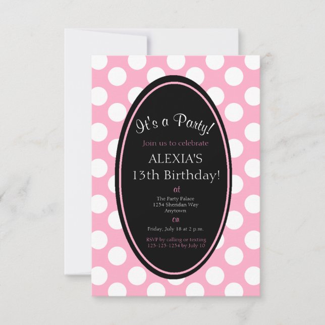 Personalised Pink Polka Dot Party Invitation (Front)