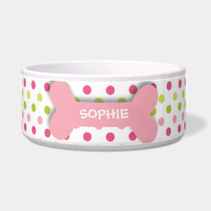 Personalised pink polkadots dog bone pet food bowl