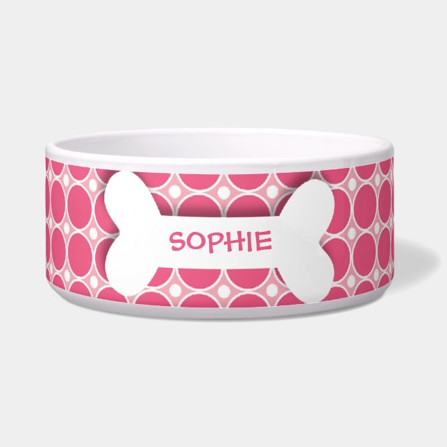 Personalised pink polkadots dog bone pet food bowl (Front)