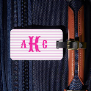 Personalised Pink Preppy Monogram Striped Girly Luggage Tag