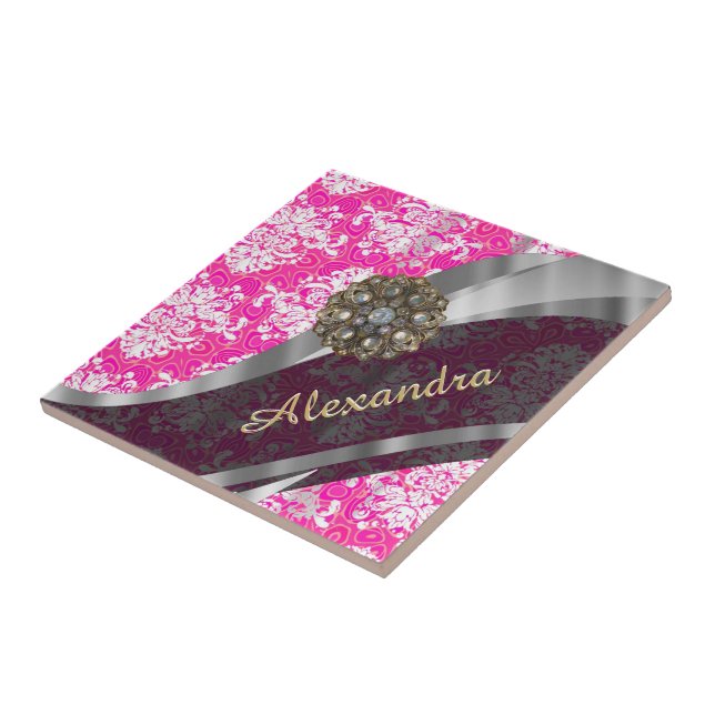 Personalised pink pretty girly damask pattern ceramic tile (Side)