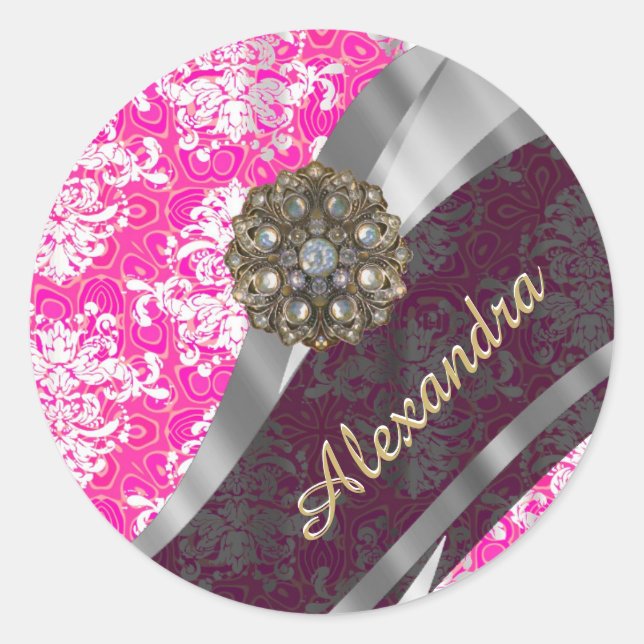 Personalised pink pretty girly damask pattern classic round sticker (Front)