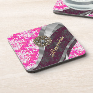Personalised pink pretty girly damask pattern coaster