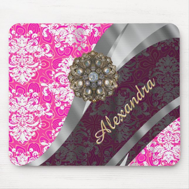 Personalised pink pretty girly damask pattern mouse pad (Front)