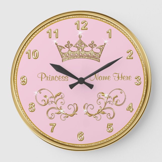 Personalised PINK Princess Clock with Gold Accents (Front)
