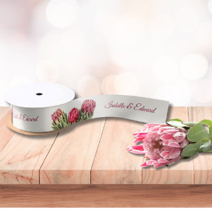 Personalised Pink Protea Floral Wedding Favour Sat Satin Ribbon