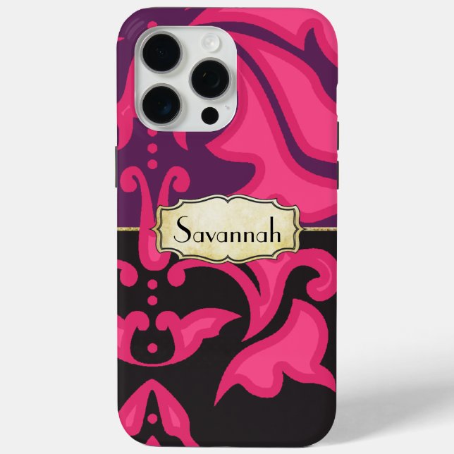 Personalised Pink Purple Black Damask Pattern Case-Mate iPhone Case (Back)