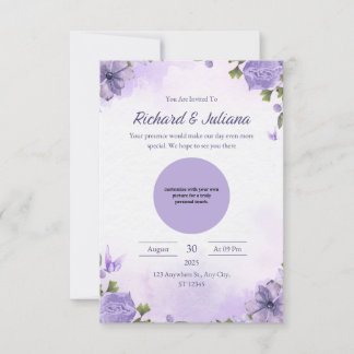 Personalised Pink & Purple Floral Photo Wedding  Invitation