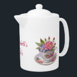 Personalised Pink Purple Flowers Tea Cup<br><div class="desc">Pretty pink and purple flowers in a teacup on this teapot. Personalised it with your saying.  Makes a great gift for the tea lover/drinker in your life.</div>