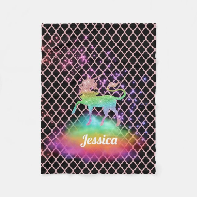 Personalised Pink Quatrefoil Rainbow Unicorn Fleece Blanket (Front)