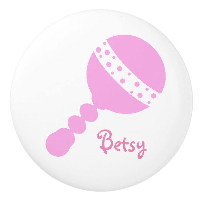 Personalised Pink Rattle Drawer Knob (Front)