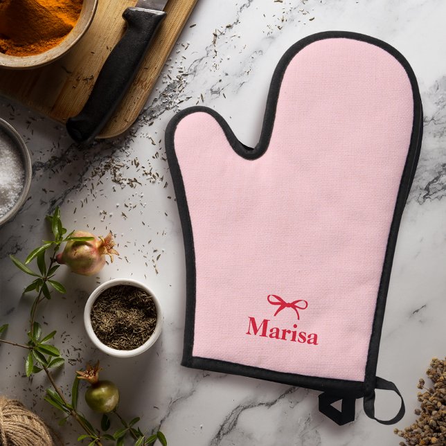 Personalised Pink & Red Bow Name Oven Mitt & Pot Holder Set (Creator Uploaded)