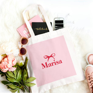 Personalised Pink & Red Bow Name Tote Bag
