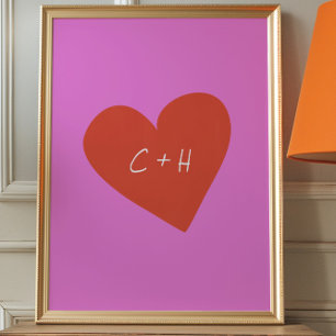 Personalised Pink Red Heart Love Couples Initials Poster
