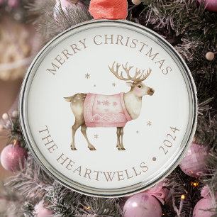 Personalised Pink Reindeer Merry Christmas Metal Ornament