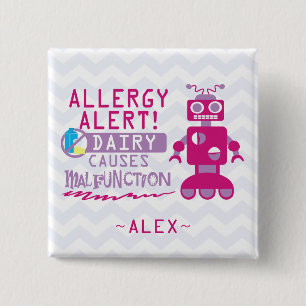 Personalised Pink Robot Dairy Allergy Alert Pin