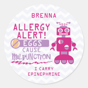 Personalised Pink Robot Egg Allergy Alert Classic Round Sticker