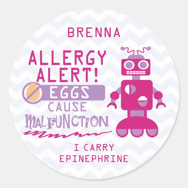 Personalised Pink Robot Egg Allergy Alert Classic Round Sticker (Front)