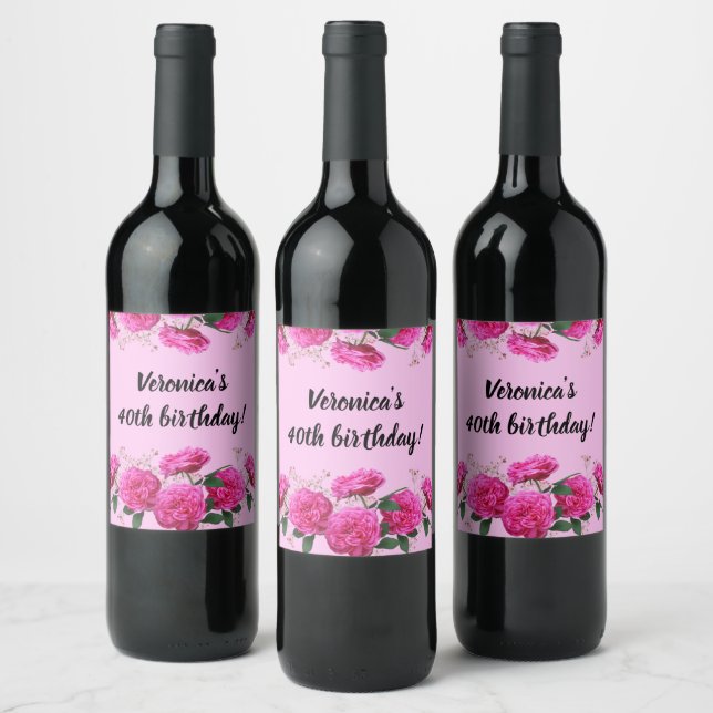 Personalised Pink Rose Celebration Wine Label (Bottles)