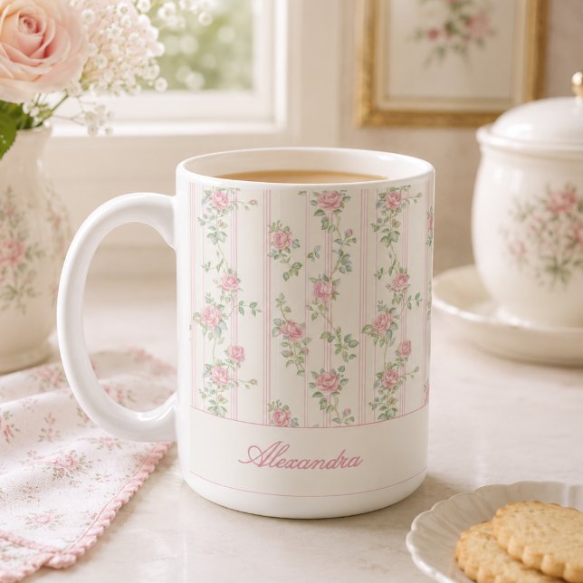 Personalised Pink Rose Floral Monogram Mug (elegant grandmillennial shabby chic pink rose floral mug with custom monogram name in calligraphy)