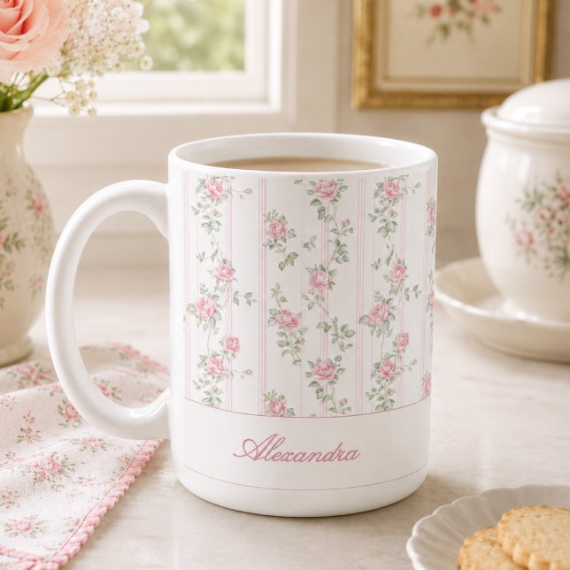 Personalised Pink Rose Floral Monogram Mug (elegant grandmillennial shabby chic pink rose floral mug with custom monogram name in calligraphy)