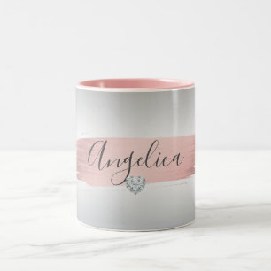 Personalised Pink Rose Gold Foil Grey Heart Name Two-Tone Coffee Mug