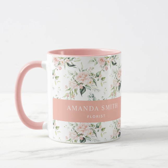 Personalised Pink Rose Greenery Elegant Florist Mug (Left)