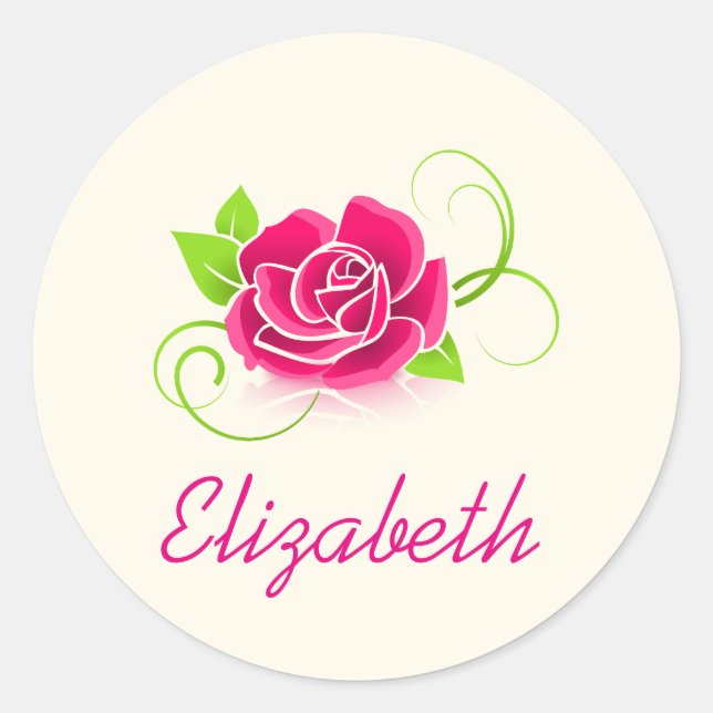 Personalised Pink Rose Illustration Classic Round Sticker (Front)