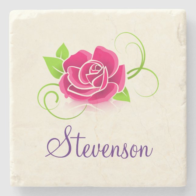 Personalised Pink Rose Illustration Stone Coaster (Front)