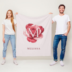Personalised Pink Rose Monogram Name Elegant Cream Fleece Blanket