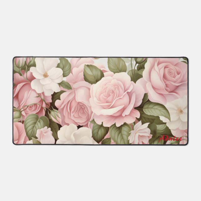 Personalised Pink Roses Floral Desk Mat (Front)