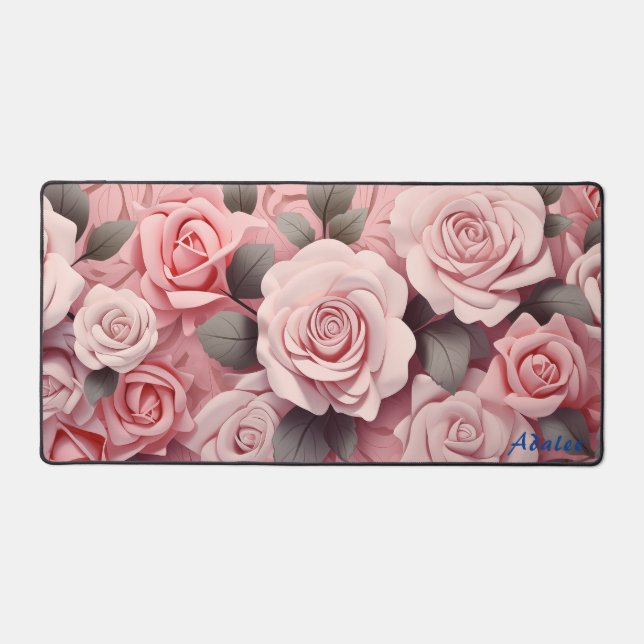 Personalised Pink Roses Floral Desk Mat (Front)