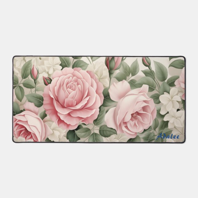 Personalised Pink Roses Floral Desk Mat (Front)