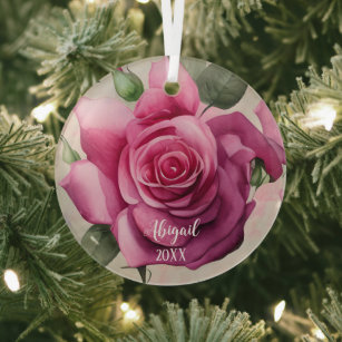 Personalised Pink Roses Flowers Floral Christmas Glass Tree Decoration