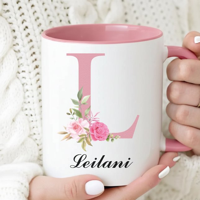 Personalised Pink Roses Monogram Mug Gift for Her (Custom Pink Rose Floral Monogram Mug Gift for Her, Floral Rose Monogram Coffee Mug Mother’s Day Gift)