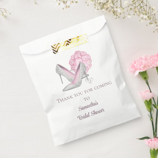 Personalised Pink Roses Silver Heels Bridal Shower Favour Bag (Sealed)