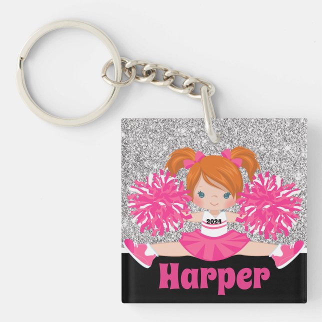 Personalised Pink & Silver Cheerleading Keychain (Front)