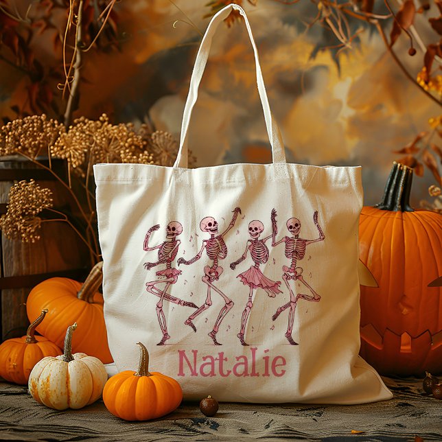 Personalised Pink Skeleton Trick Or Treat Candy Tote Bag (Creator Uploaded)