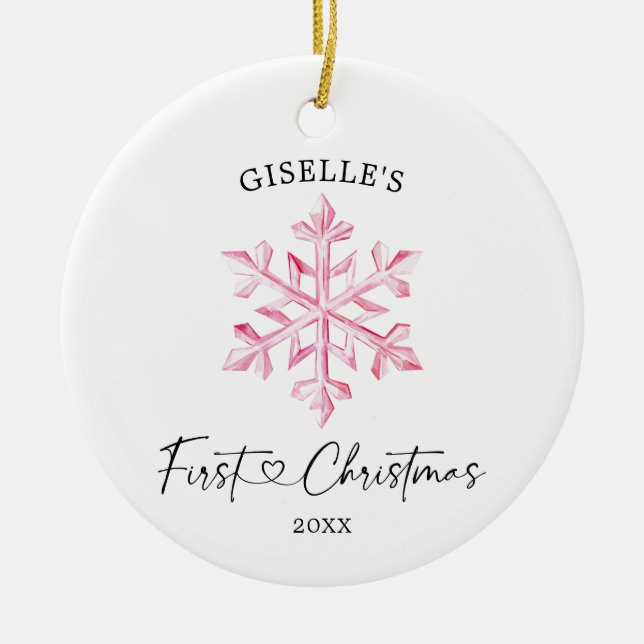 Personalised Pink Snowflake Girl's First Christmas Ceramic Ornament (Front)