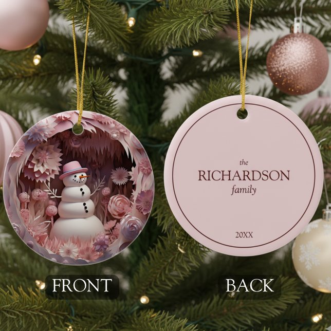 Personalised Pink Snowman Christmas Ceramic Ornament (cute pink floral snowman Christmas tree ornament keepsake with customizable family name and year)