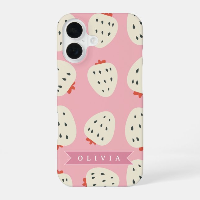 Personalised Pink Strawberry Name Cute Girly iPhone 16 Case (Back)