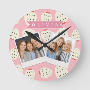 Personalised Pink Strawberry Name Cute Girly Round Clock