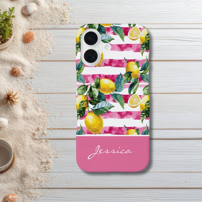 Personalised Pink Stripe Lemon Pattern iPhone Case (Creator Uploaded)