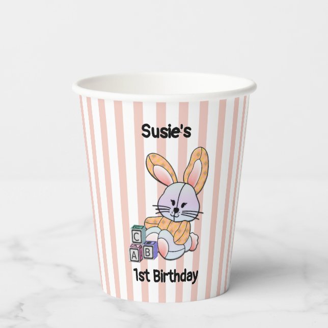 Personalised Pink Striped Nursery Art - Bunny Paper Cups (Back)