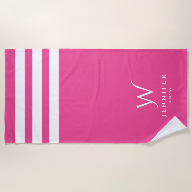 Personalised pink stripes Beach Towel (Front)