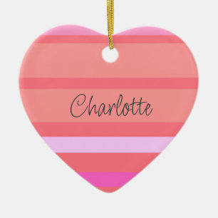 Personalised Pink Stripes Heart Ceramic Ornament