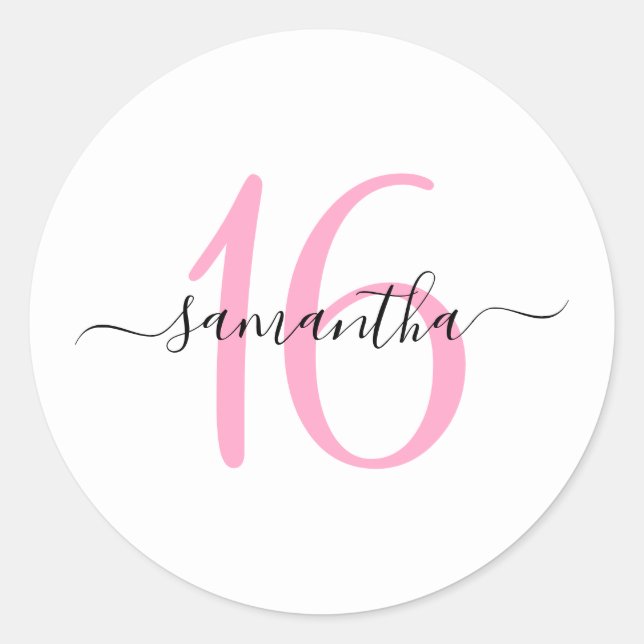 Personalised Pink Sweet 16 Classic Round Sticker (Front)