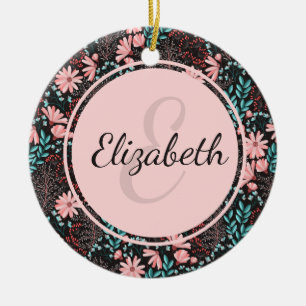 Personalised Pink & Teal Dark Floral Ceramic Ornament