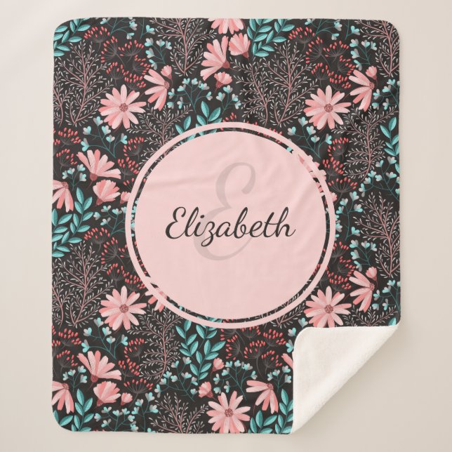 Personalised Pink & Teal Dark Floral Sherpa Blanket (Front)